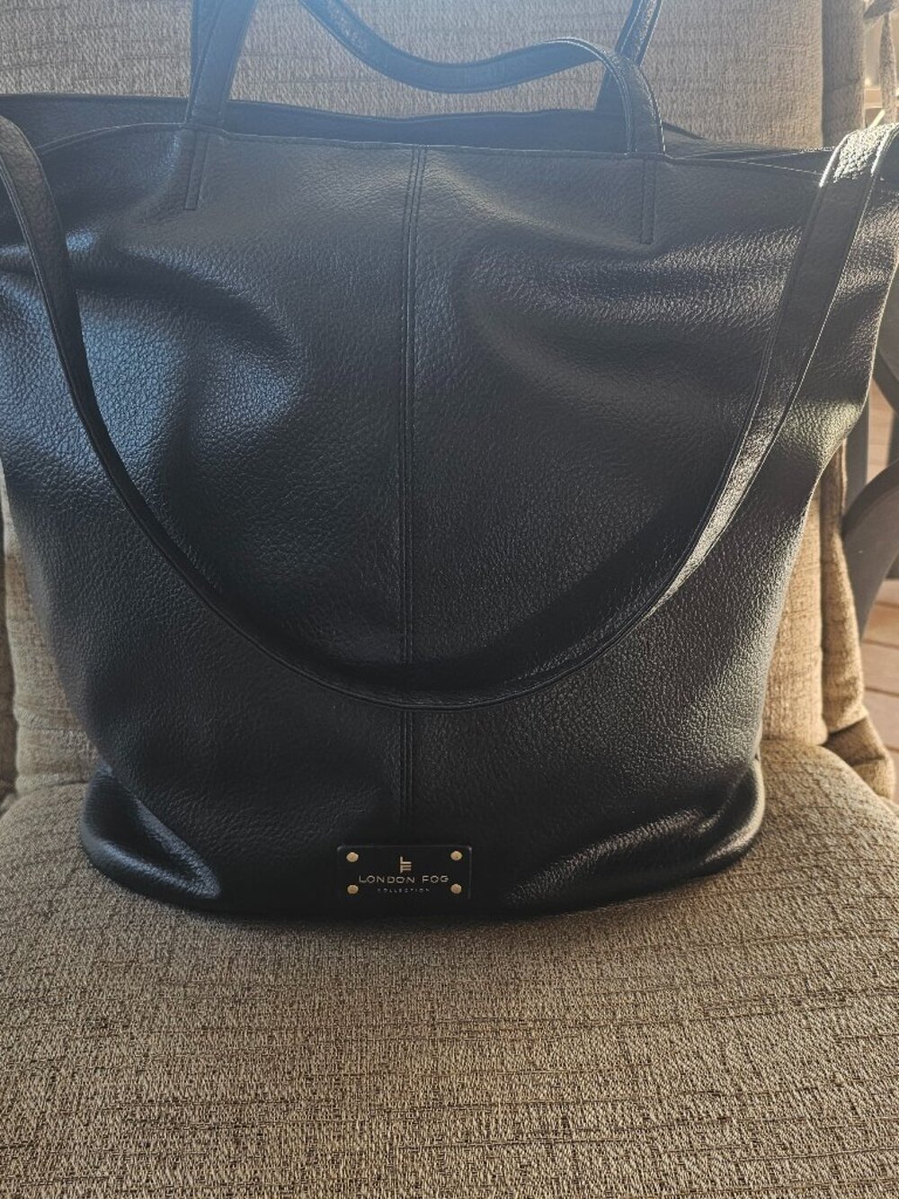 London Fog Black Faux Leather Tote Bag Large Shoulder Purse Everyday Work Travel